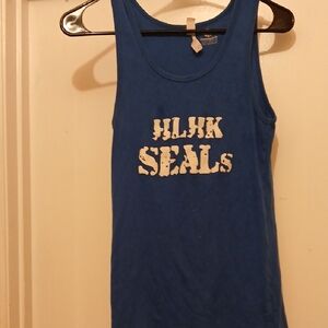 Blue and White Tank Top with Camouflage Print